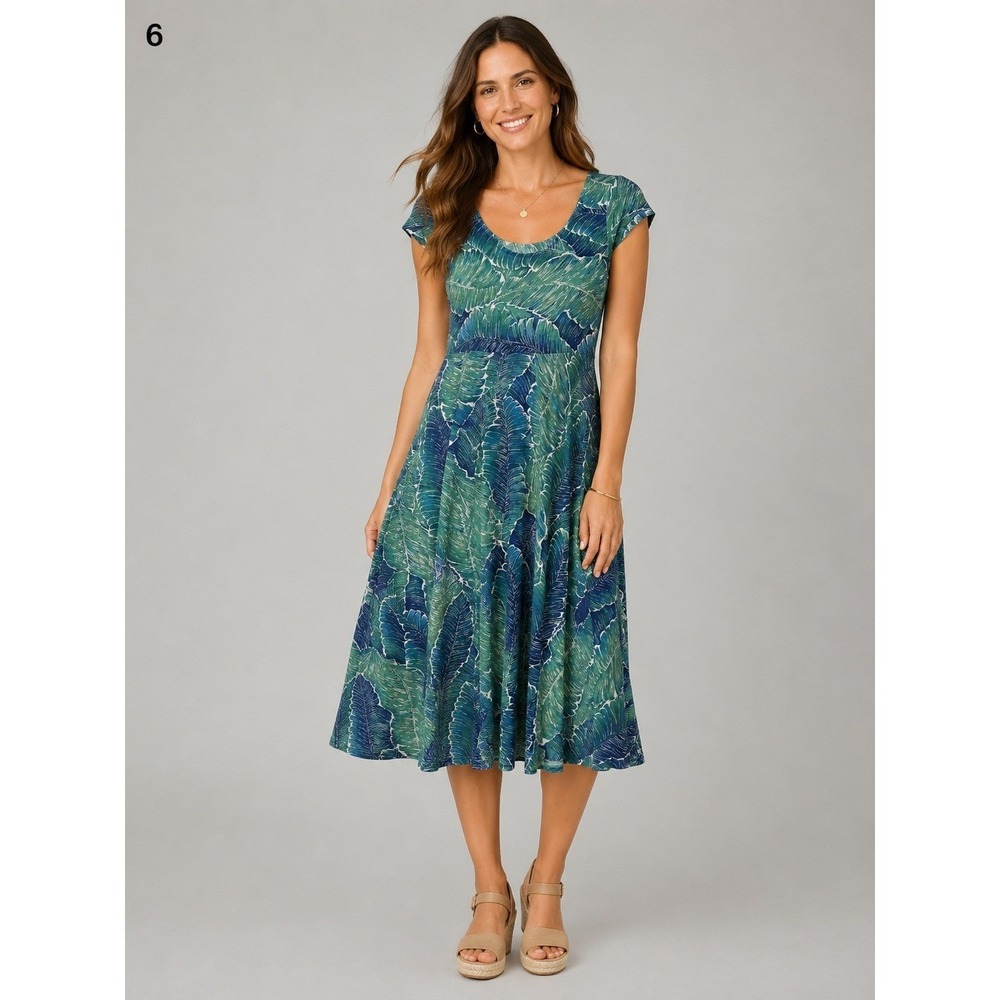 Chaps Midi Dress Womens M Green Blue Palm Leaf Cotton Cap Sleeve Island Vaca